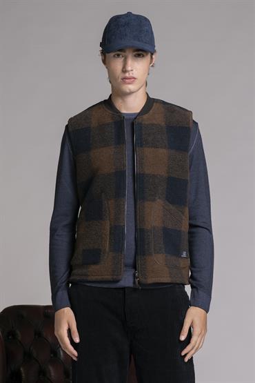 GILET ZIP MIX.BOILED WOOL BROWN CHECK
