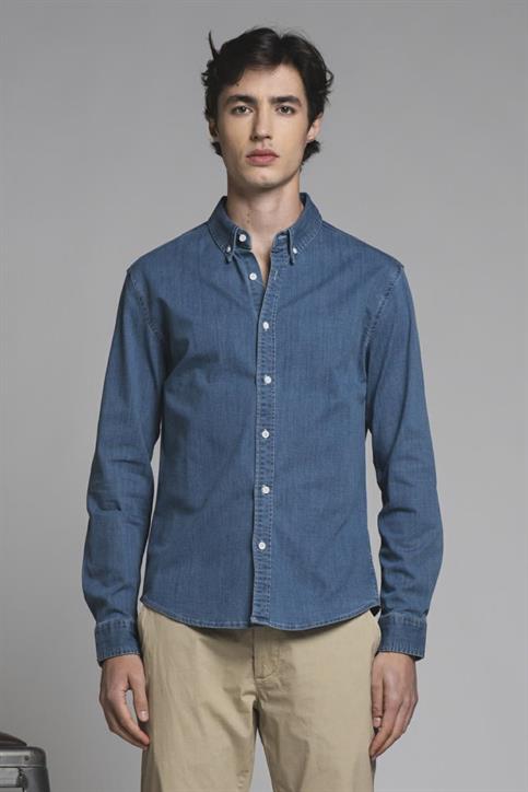 BUTTON DOWN L/S REG. DENIM SLUB STONE WASH BLUE