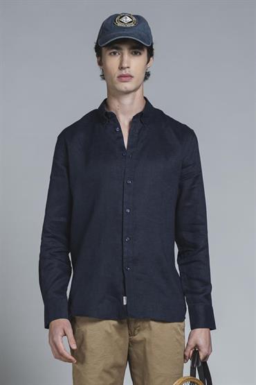 BUTTON DOWN L/S 100% LINEN F/D NAVY