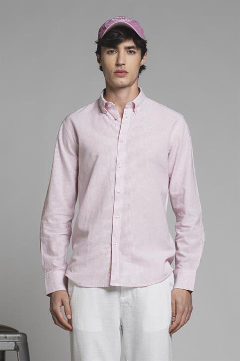 BUTTON DOWN L/S REG.LINEN/COTTON Y/D PINK STRIPE