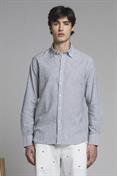 BUTTON DOWN L/S REG.LINEN/COTTON Y/D NAVY STRIPE