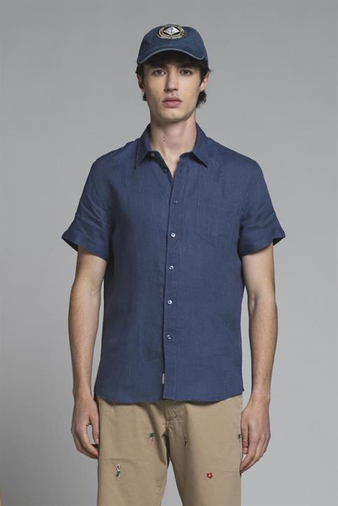 ITALIAN COLLAR S/S 100% LINEN F/D DENIM
