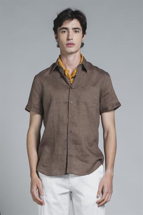 ITALIAN COLLAR S/S 100% LINEN F/D CHOCOLATE