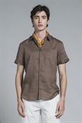 ITALIAN COLLAR S/S 100% LINEN F/D CHOCOLATE