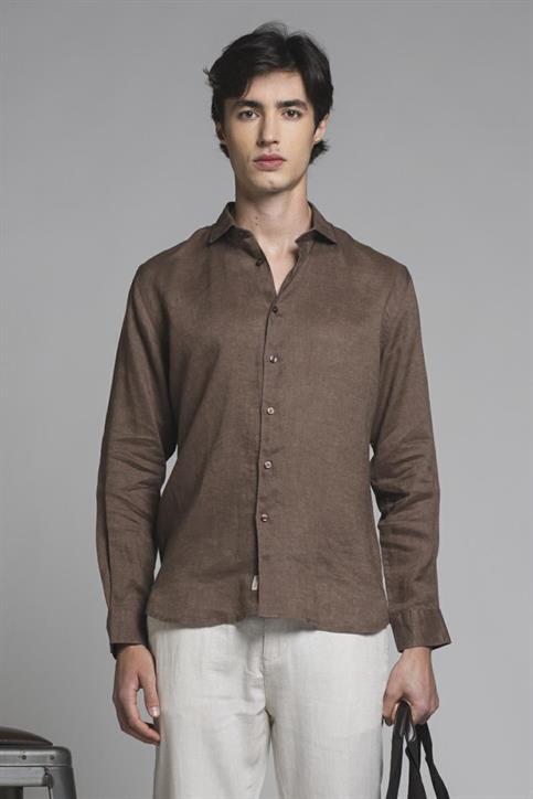 FRENCH COLLAR L/S SLIM 100% LINEN F/D CHOCOLATE