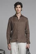 FRENCH COLLAR L/S SLIM 100% LINEN F/D CHOCOLATE