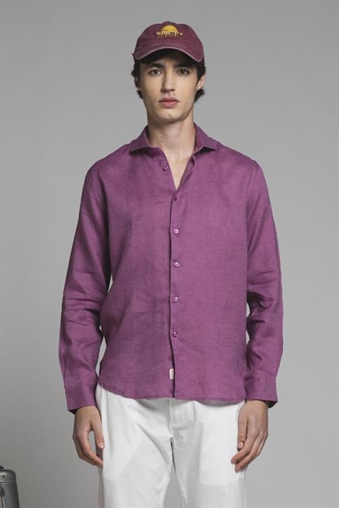 FRENCH COLLAR L/S SLIM 100% LINEN F/D DK.ONION