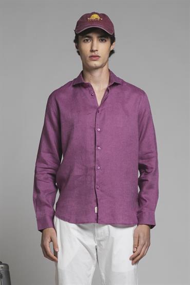 FRENCH COLLAR L/S SLIM 100% LINEN F/D DK.ONION