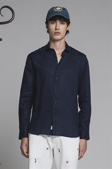 FRENCH COLLAR L/S SLIM 100% LINEN F/D NAVY
