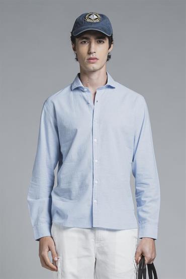 FRENCH COLLAR L/S SLIM 100% LINEN F/D SKY