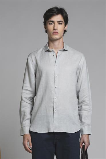 FRENCH COLLAR L/S SLIM 100% LINEN F/D LT.GREY