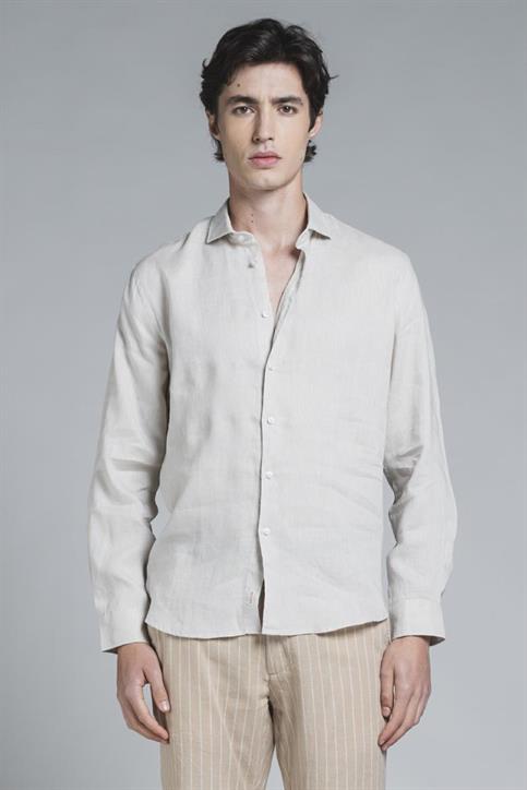 FRENCH COLLAR L/S SLIM 100% LINEN F/D ECRU