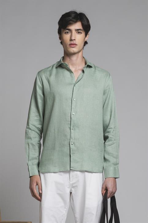 FRENCH COLLAR L/S SLIM 100% LINEN F/D ACQUA