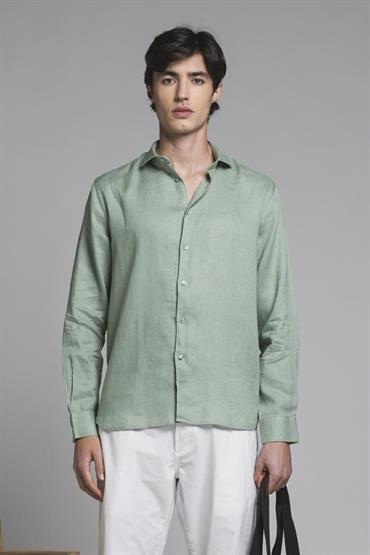 FRENCH COLLAR L/S SLIM 100% LINEN F/D ACQUA