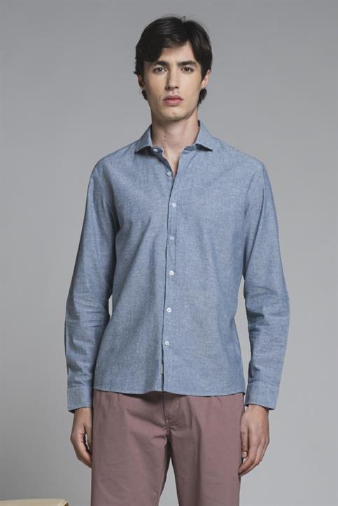 FRENCH COLLAR L/S MIXED LINEN S.WASH F/D LT.BLUE