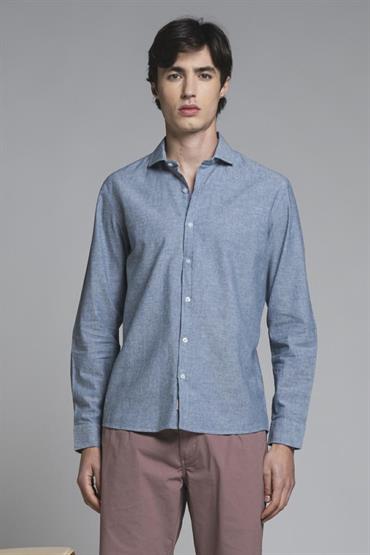 FRENCH COLLAR L/S MIXED LINEN S.WASH F/D LT.BLUE