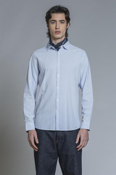 FRENCH COLLAR L/S REG.SOFT SEERSUCKER F/D BLUE STRIPE
