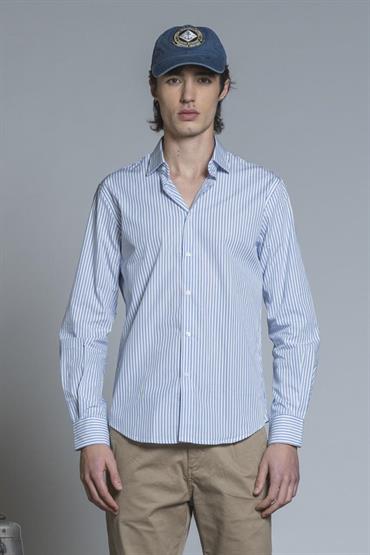 FRENCH COLLAR L/S SLIM 100% CTN Y/D NAVY STRIPE