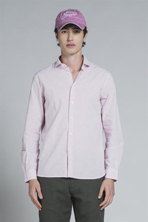 FRENCH COLLAR L/S SLIM LINEN/COTTON Y/D PINK STRIPE