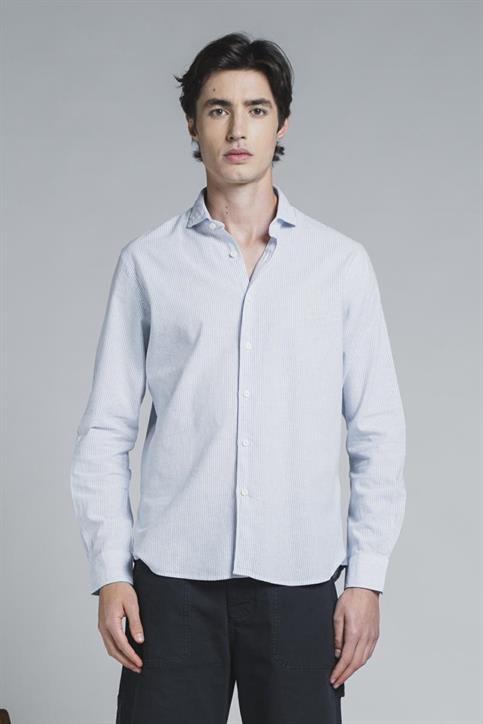 FRENCH COLLAR L/S SLIM LINEN/COTTON Y/D SKY STRIPE