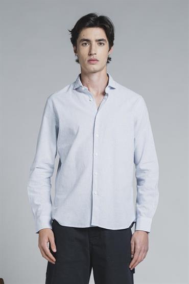 FRENCH COLLAR L/S SLIM LINEN/COTTON Y/D SKY STRIPE