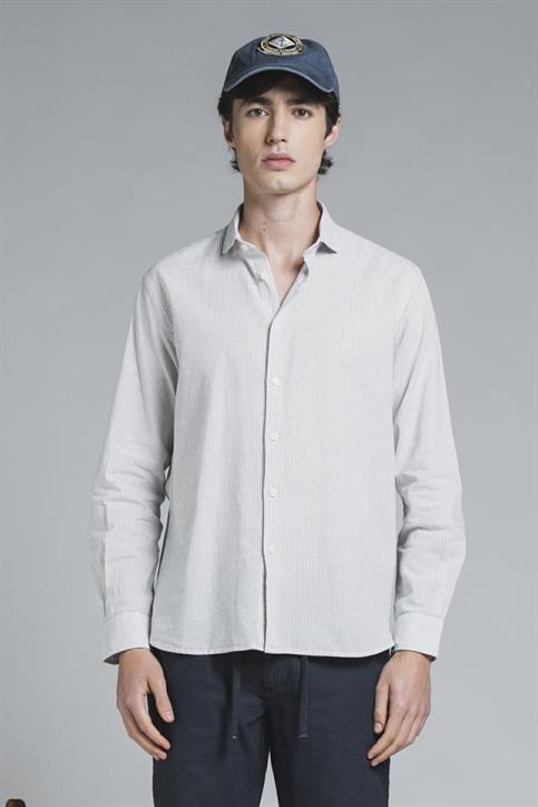 FRENCH COLLAR L/S SLIM LINEN/COTTON Y/D LT.GREY STRIPE