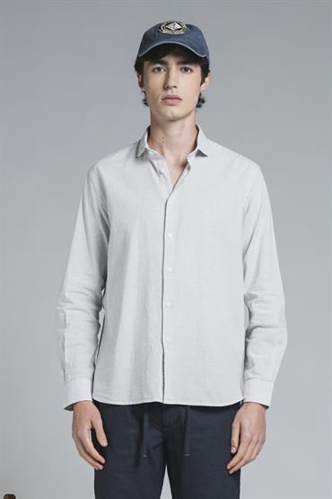 FRENCH COLLAR L/S SLIM LINEN/COTTON Y/D LT.GREY STRIPE