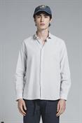 FRENCH COLLAR L/S SLIM LINEN/COTTON Y/D LT.GREY STRIPE