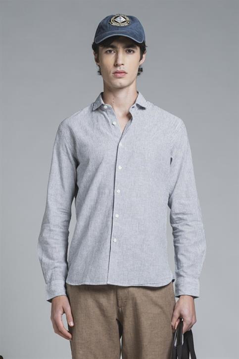 FRENCH COLLAR L/S SLIM LINEN/COTTON Y/D NAVY STRIPE