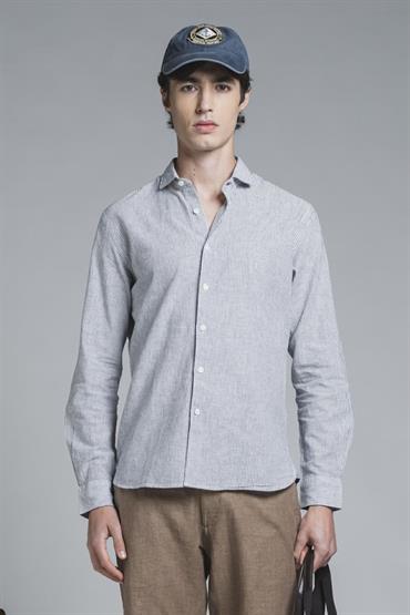 FRENCH COLLAR L/S SLIM LINEN/COTTON Y/D NAVY STRIPE