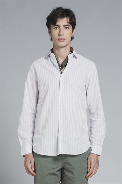 FRENCH COLLAR L/S SLIM LINEN/COTTON Y/D PINK STRIPE
