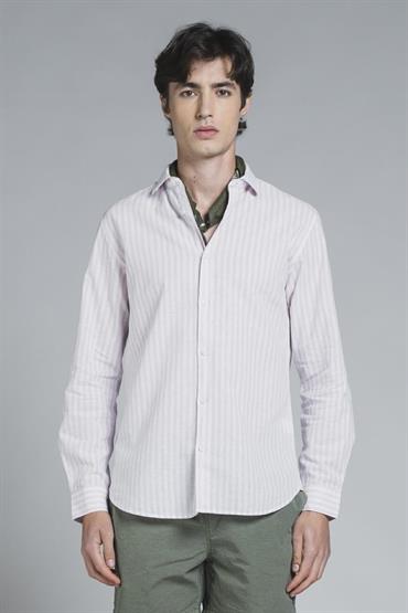 FRENCH COLLAR L/S SLIM LINEN/COTTON Y/D PINK STRIPE