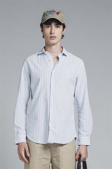 FRENCH COLLAR L/S SLIM LINEN/COTTON Y/D SKY STRIPE