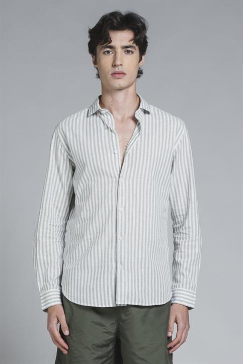 FRENCH COLLAR L/S SLIM LINEN/COTTON Y/D LT.GREEN STRIPE