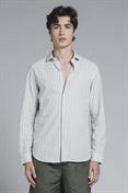 FRENCH COLLAR L/S SLIM LINEN/COTTON Y/D LT.GREEN STRIPE