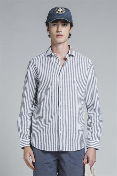 FRENCH COLLAR L/S SLIM LINEN/COTTON Y/D NAVY STRIPE