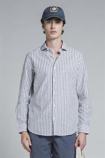 FRENCH COLLAR L/S SLIM LINEN/COTTON Y/D NAVY STRIPE