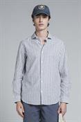 FRENCH COLLAR L/S SLIM LINEN/COTTON Y/D NAVY STRIPE