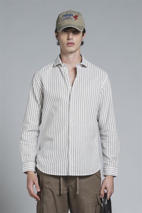 FRENCH COLLAR L/S SLIM LINEN/COTTON Y/D BEIGE STRIPE