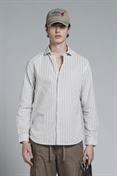 FRENCH COLLAR L/S SLIM LINEN/COTTON Y/D BEIGE STRIPE