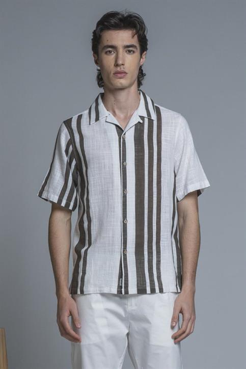 BOWLING SHIRT S/S COMF.100% CTN S.WASH BROWN STRIPE