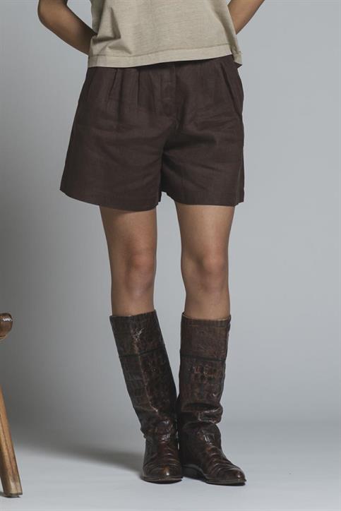 SHORT CHINO PANTS PENCES 100% LINEN G/D CHOCOLATE