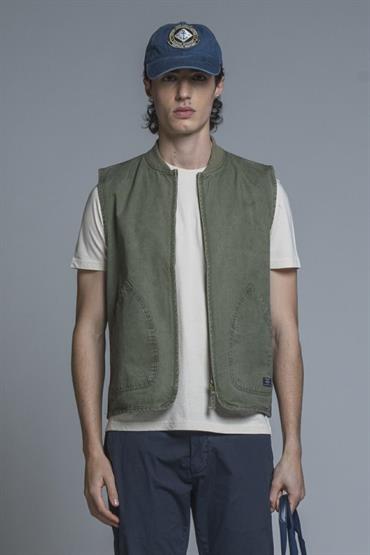 GILET ZIP COTTON SLUB STONE WASH MIL.GREEN