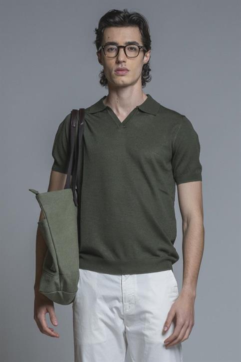 SWEATER POLO SKIPPER S/S MIX.LINEN SOFT WASH DK.GREEN