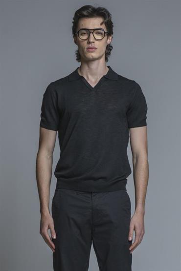 SWEATER POLO SKIPPER S/S MIX.LINEN SOFT WASH BLACK
