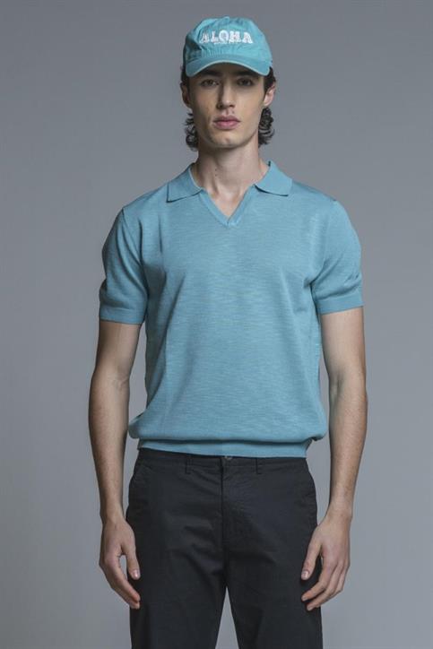 SWEATER POLO SKIPPER S/S MIX.LINEN SOFT WASH ACQUA