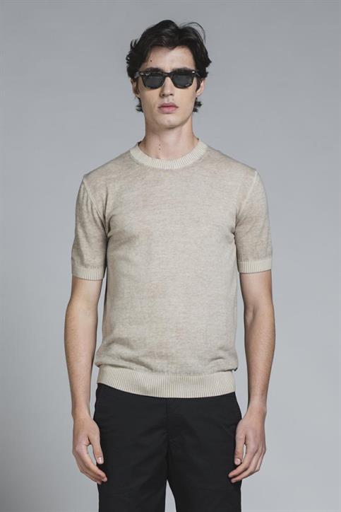SWEATER ROUND NECK S/S COTTON COLD DYED TAUPE