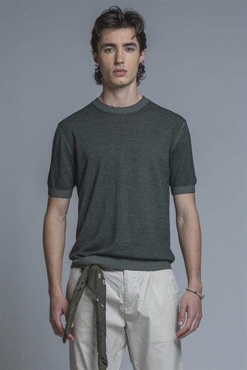 SWEATER ROUND NECK S/S COTTON COLD DYED DK.GREEN