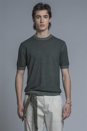 SWEATER ROUND NECK S/S COTTON COLD DYED DK.GREEN