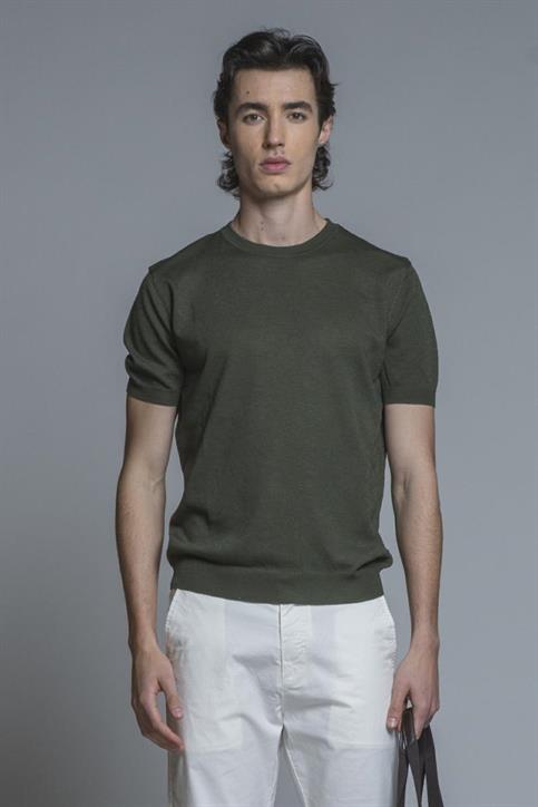 SWEATER ROUND NECK S/S MIX.LINEN SOFT WASH DK.GREEN